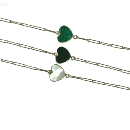 18K Solid Gold Inline Gemstone Center Heart Bracelet