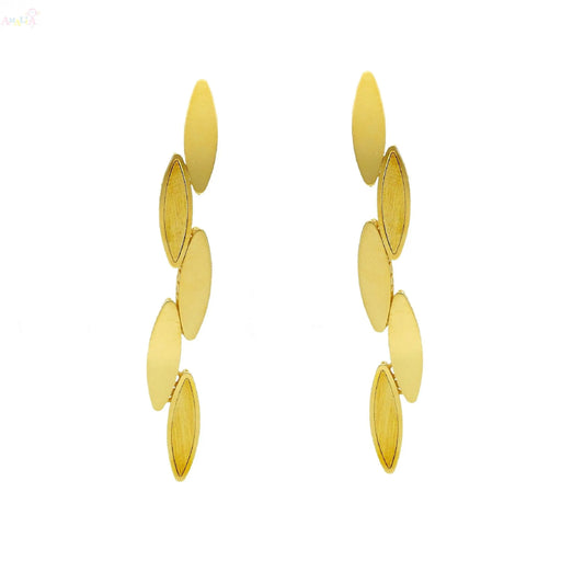 18K Solid Gold Modern Polished and Satin Ovals Long Earrings