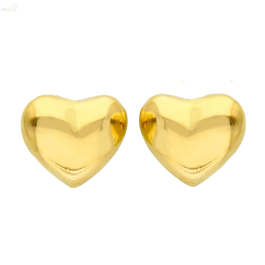 18K Solid yellow Gold Puffy Large Heart Omega Earrings