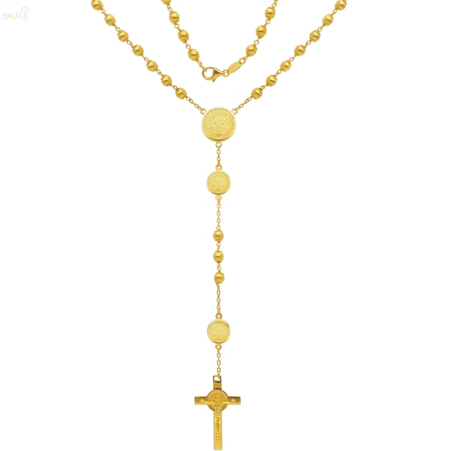 18K Solid Yellow Gold Saint Benedict Rosary Necklace