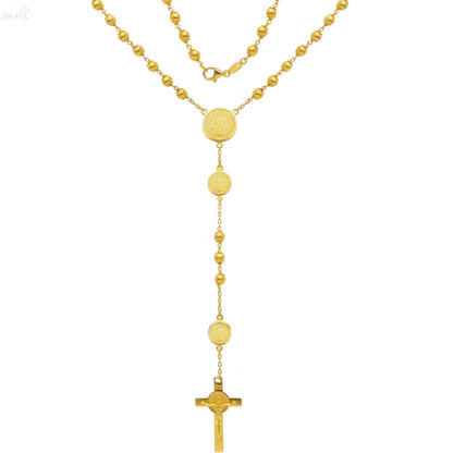 18K Solid Yellow Gold Saint Benedict Rosary Necklace