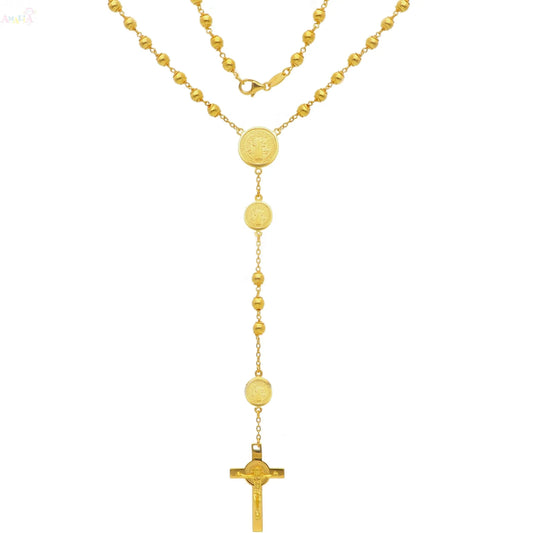 18K Solid Yellow Gold Saint Benedict Rosary Necklace