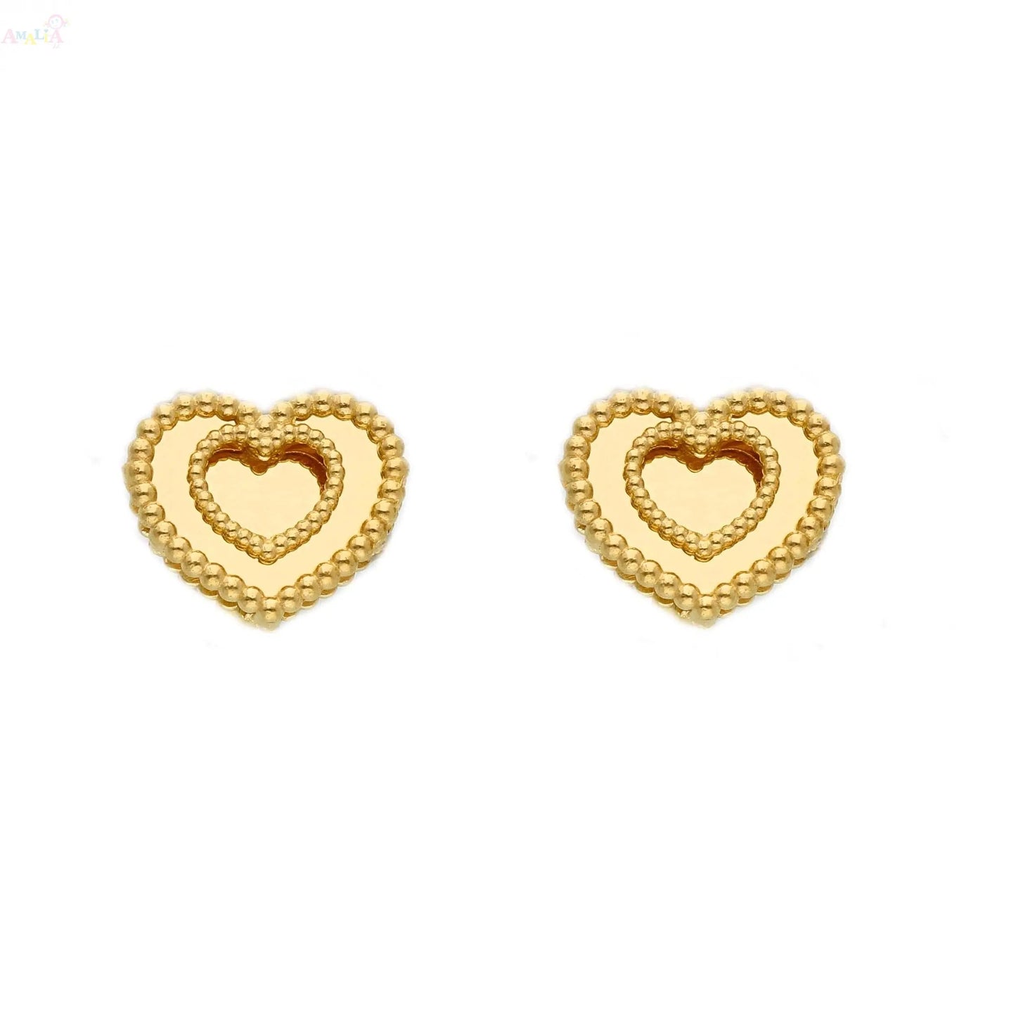 18K Solid Yellow Gold Double Mirror Heart Post Earrings