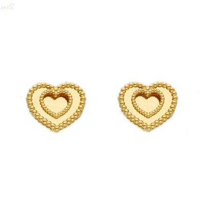 18K Solid Yellow Gold Double Mirror Heart Post Earrings