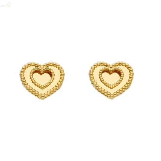 18K Solid Yellow Gold Double Mirror Heart Post Earrings
