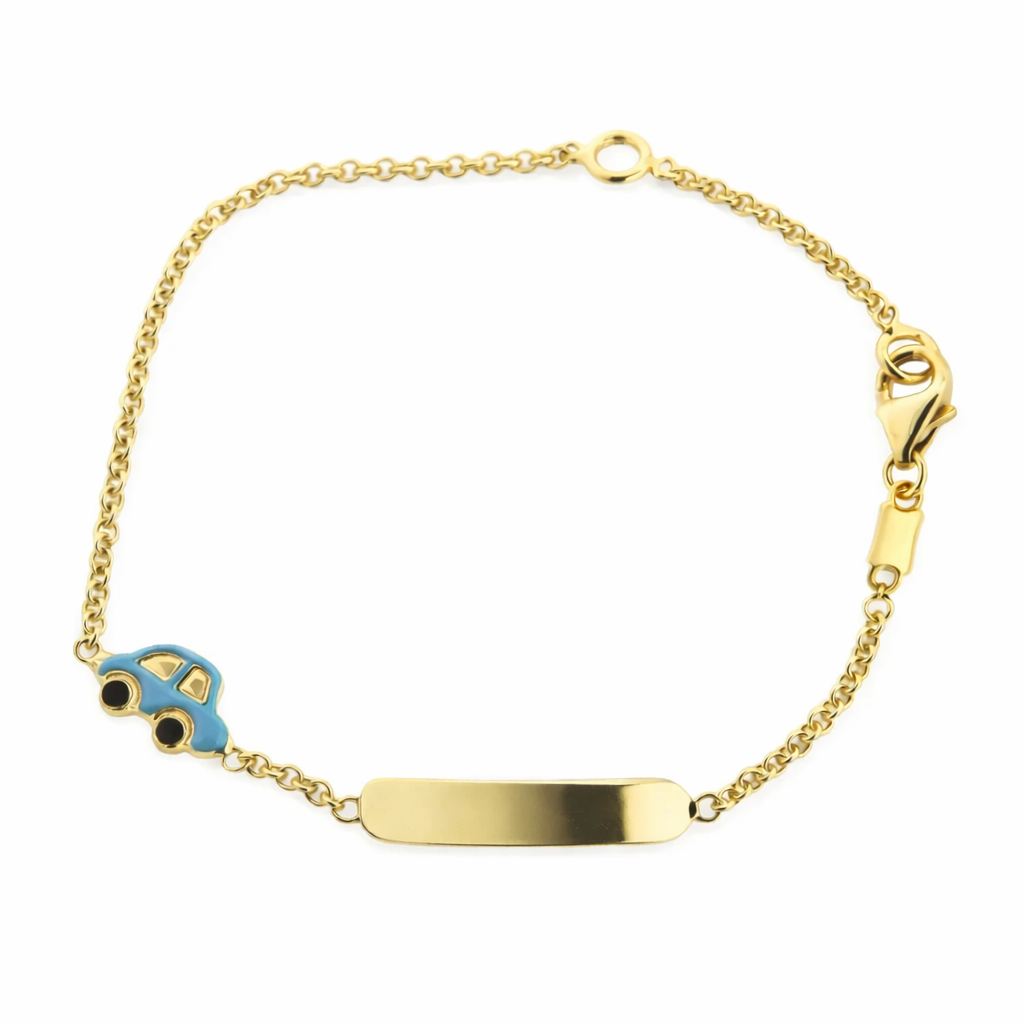 18 Karat Solid Yellow Gold Blue Enamel Car ID Bracelet