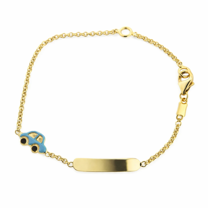 18 Karat Solid Yellow Gold Blue Enamel Car ID Bracelet