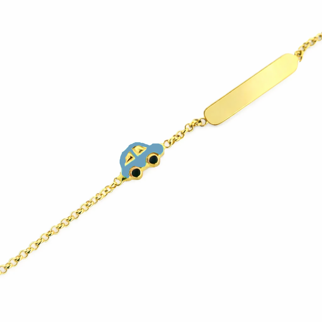 18 Karat Solid Yellow Gold Blue Enamel Car ID Bracelet