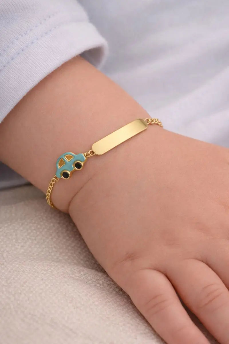 18 Karat Solid Yellow Gold Blue Enamel Car ID Bracelet