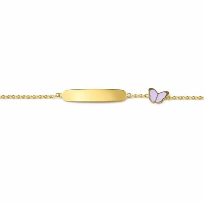 18k Solid Yellow Gold Lavender Enamel Butterfly ID Bracelet