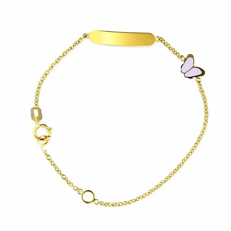 18k Solid Yellow Gold Lavender Enamel Butterfly ID Bracelet