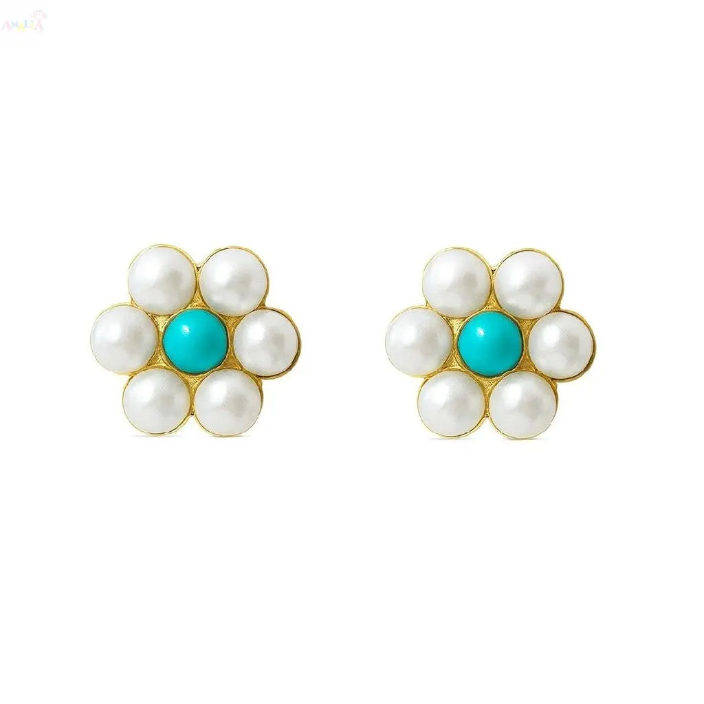 18K Yellow Gold Pearls and Turquoise Flower Screwback Earrings (Copy)