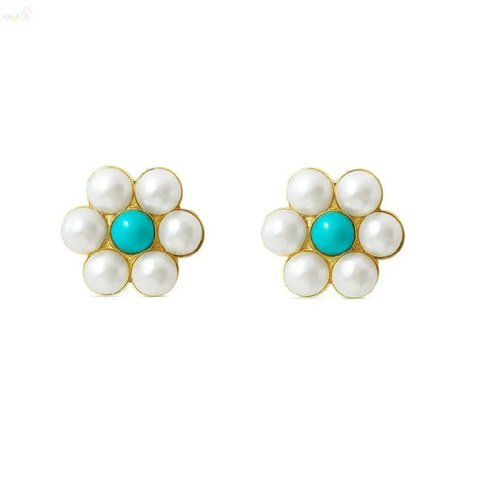 18K Yellow Gold Pearls and Turquoise Flower Screwback Earrings (Copy)