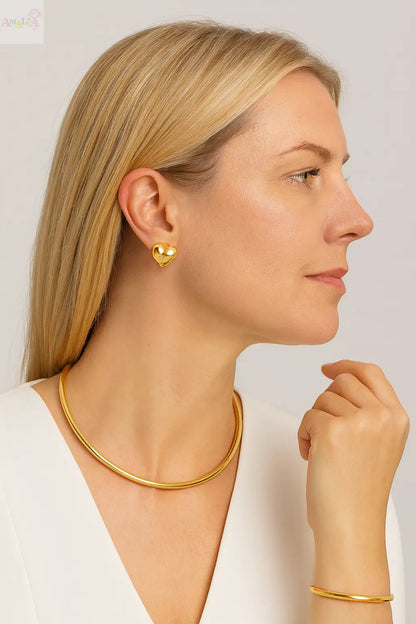 18K Solid yellow Gold Puffy Large Heart Omega Earrings