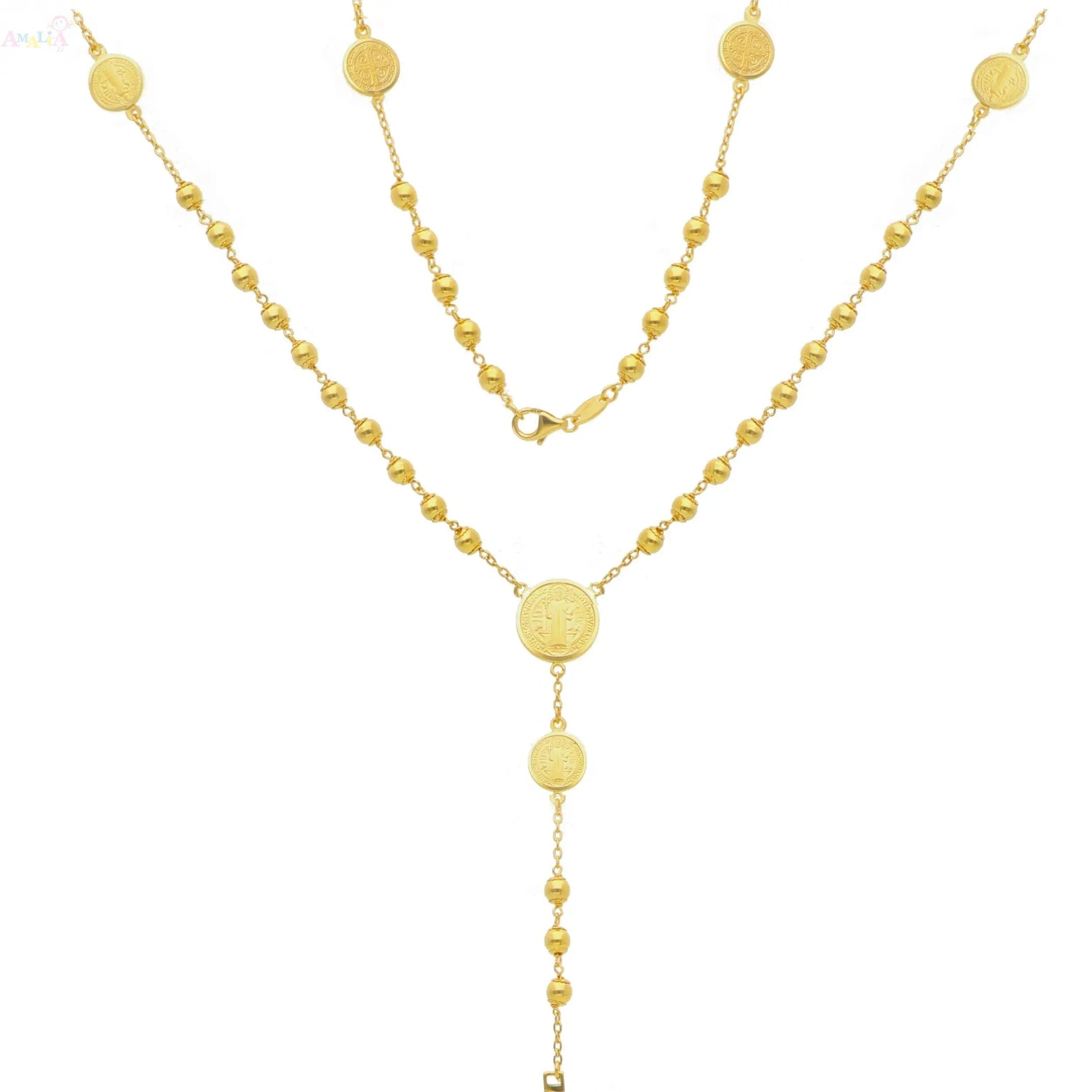 18K Solid Yellow Gold Saint Benedict Rosary Necklace