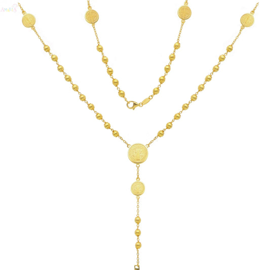18K Solid Yellow Gold Saint Benedict Rosary Necklace
