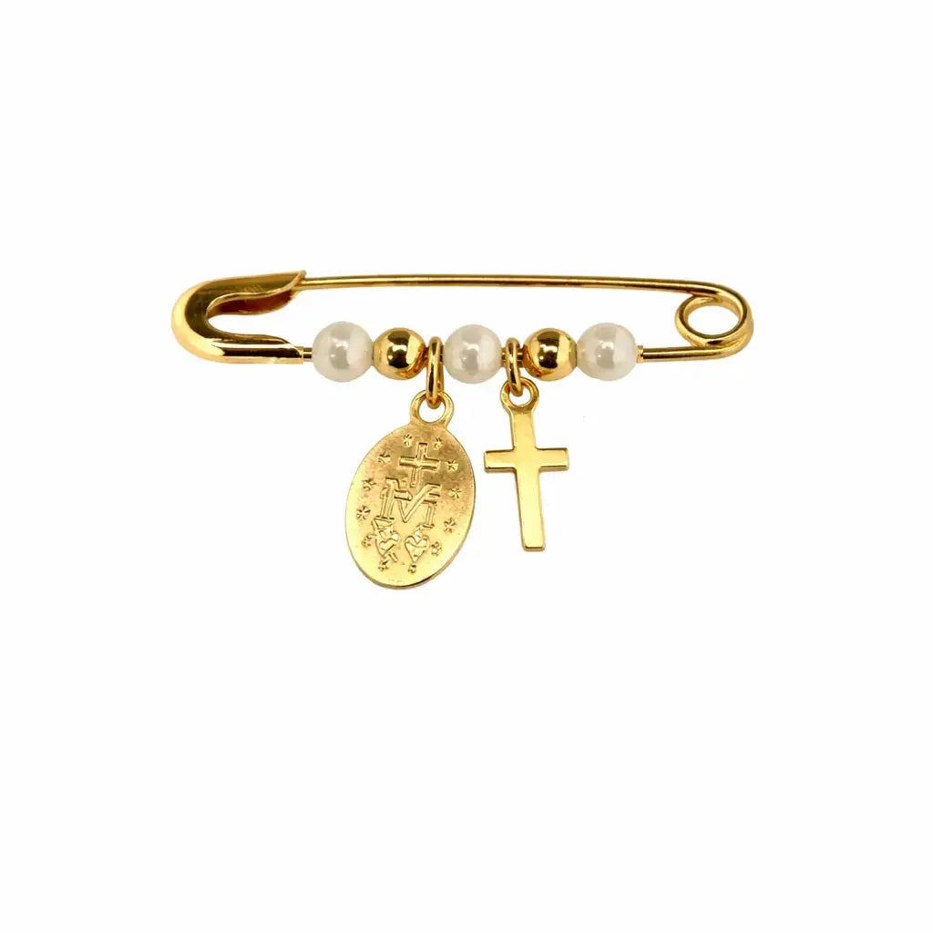 18k Solid Yellow Gold Miraculous Medal and Cross Safety Pin