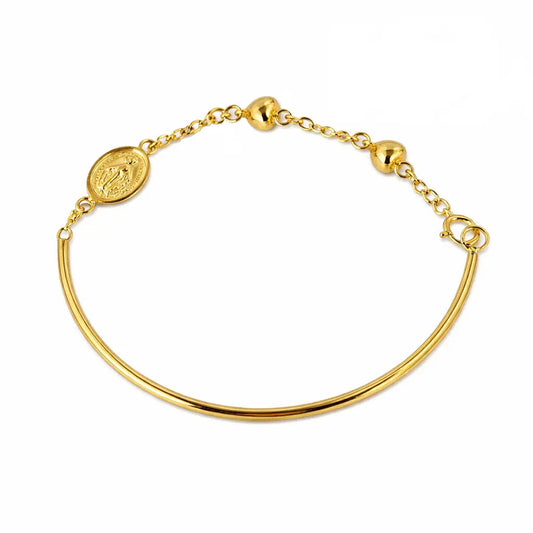 18k Yellow Gold Miraculous Medal and Hearts Half Bangle