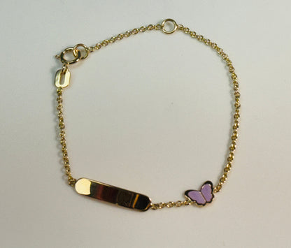 18k Solid Yellow Gold Lavander Enamel Butterfly ID Bracelet