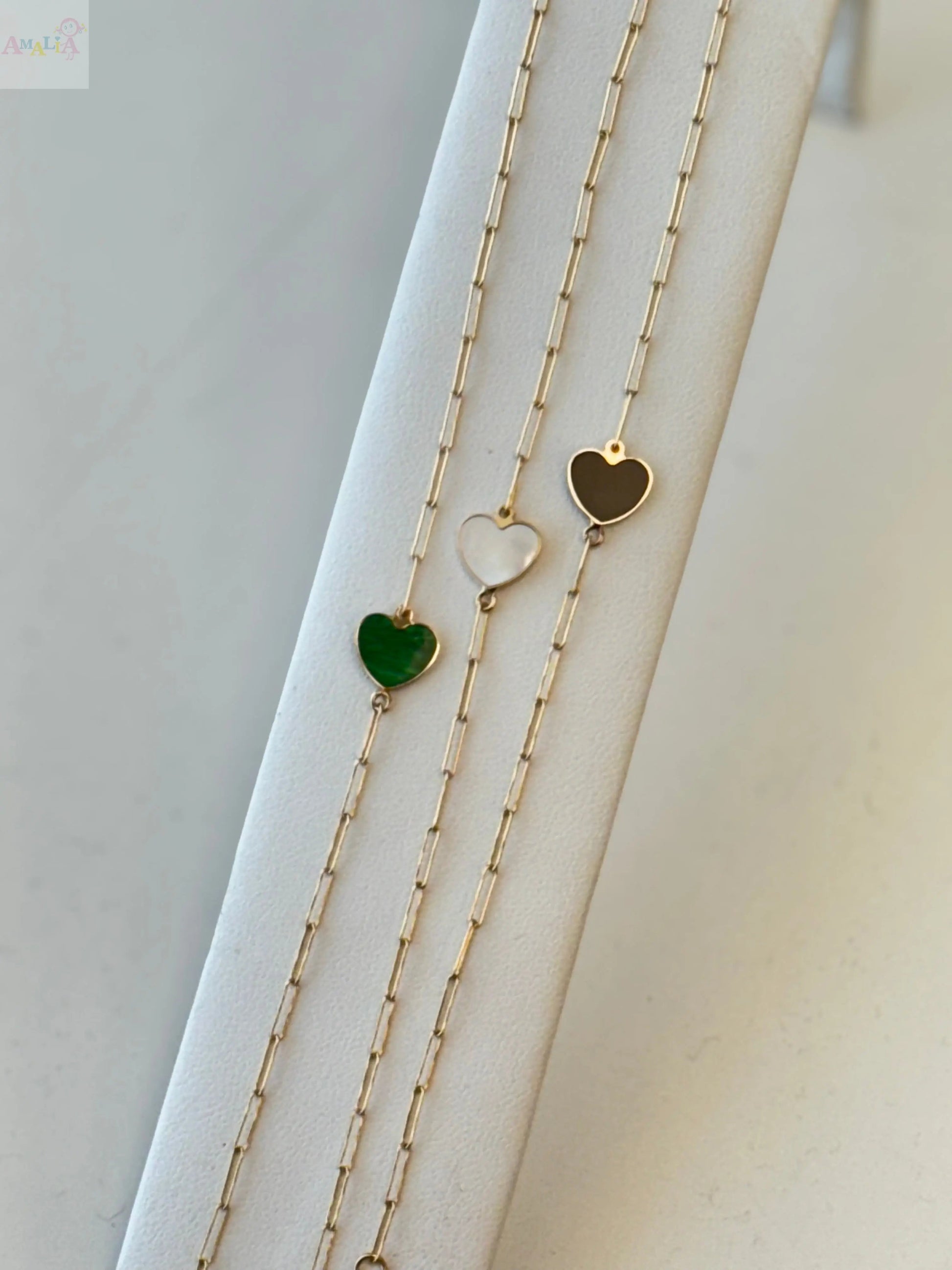 18K Solid Gold Inline Gemstone Center Heart Bracelet