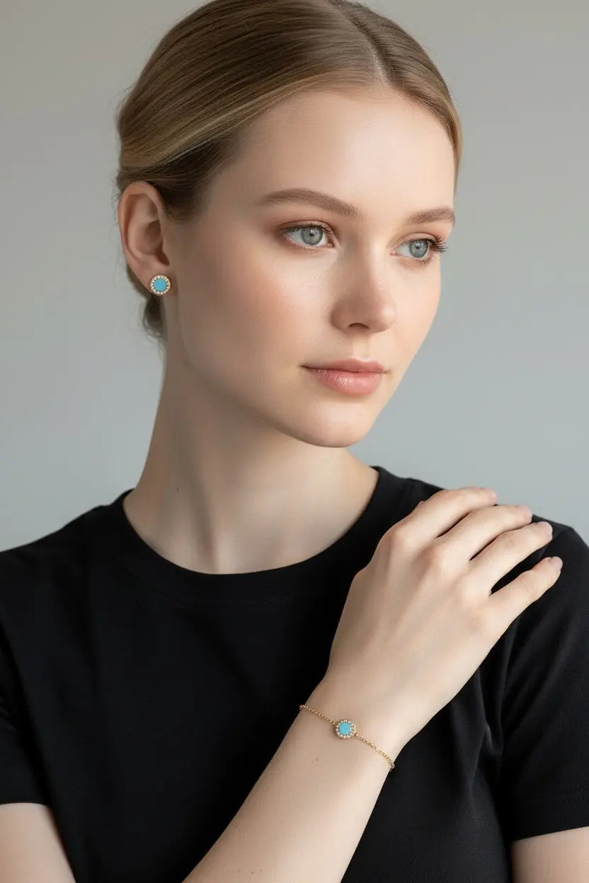 18K Yellow Gold Turquoise and Diamonds Circle Stud Earrings - Amalia J & Boutique
