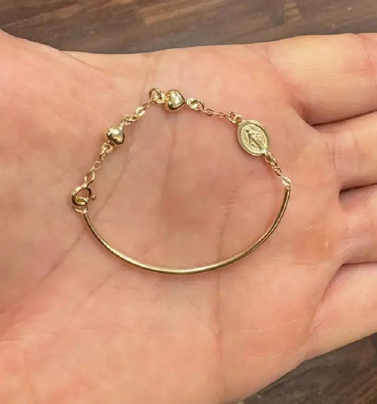 18k Yellow Gold Miraculous Medal and Hearts Half Bangle