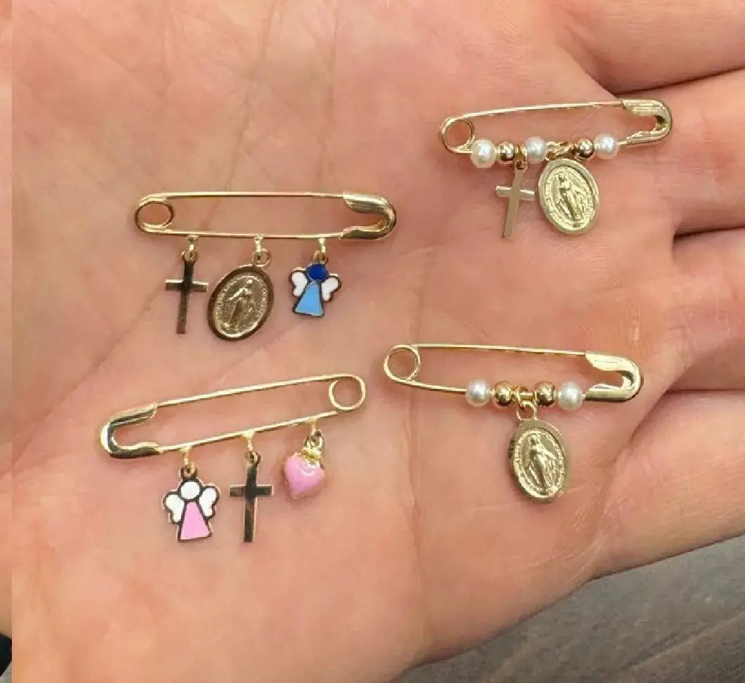 18k Solid Yellow Gold Miraculous Medal and Cross Safety Pin