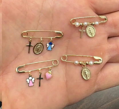 18k Solid Yellow Gold Miraculous Medal and Cross Safety Pin