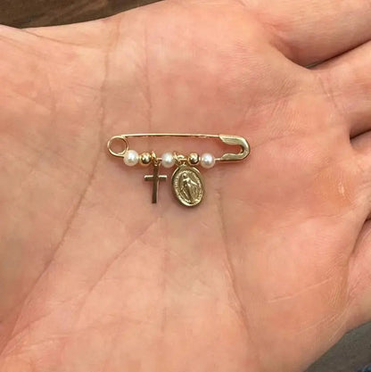 18k Solid Yellow Gold Miraculous Medal and Cross Safety Pin