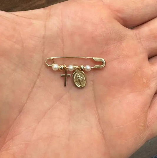 18k Solid Yellow Gold Miraculous Medal and Cross Safety Pin