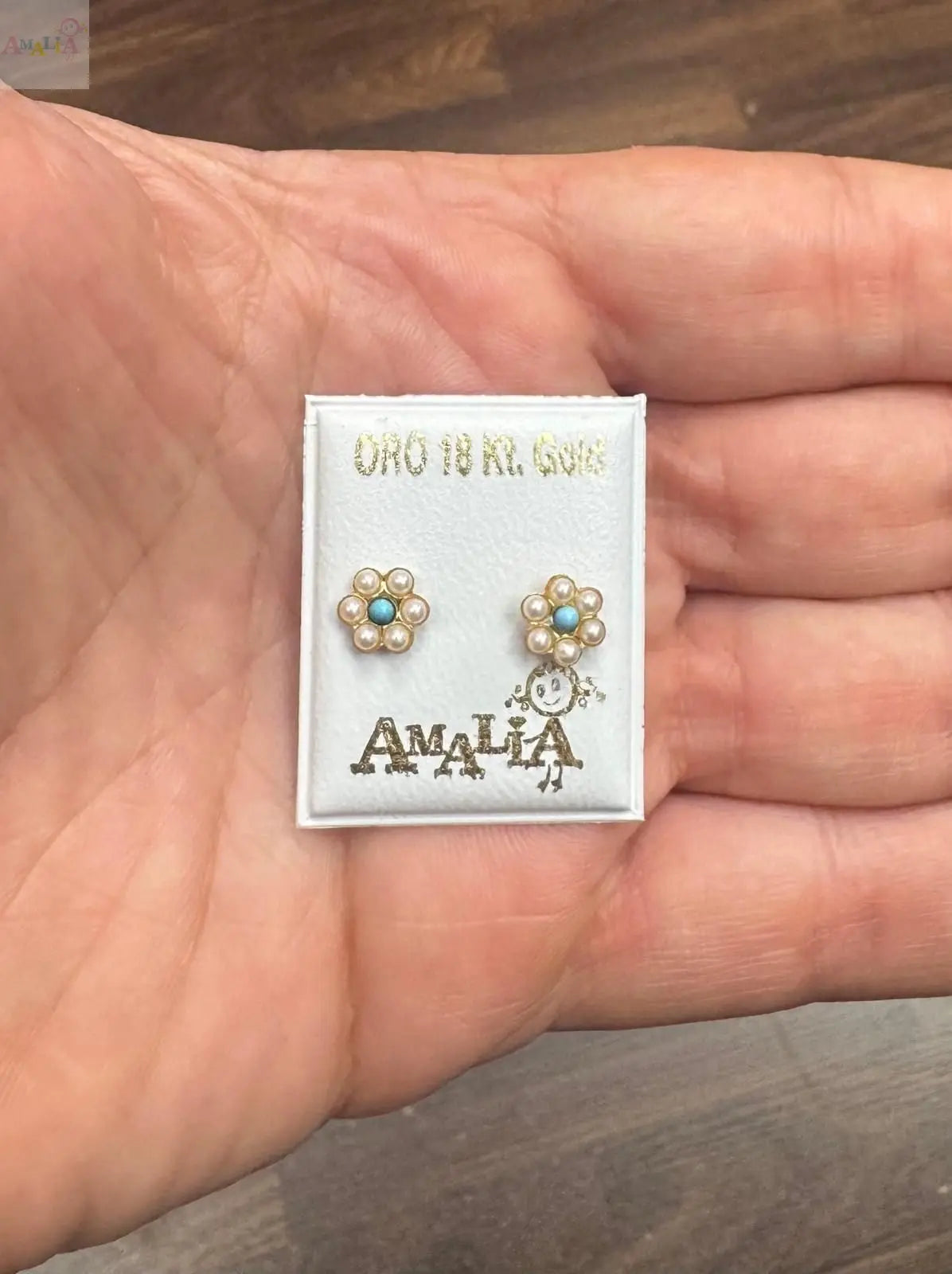 18K Yellow Gold Pearls and Turquoise Flower Screwback Earrings-No prongs