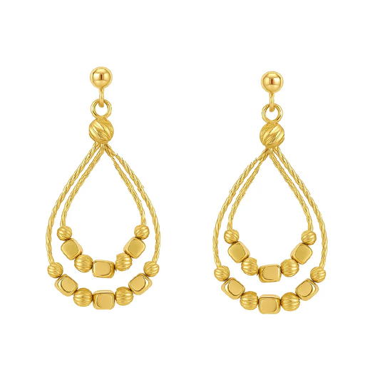 18k Yellow Gold Twisted double wire cubes & beads earrings.