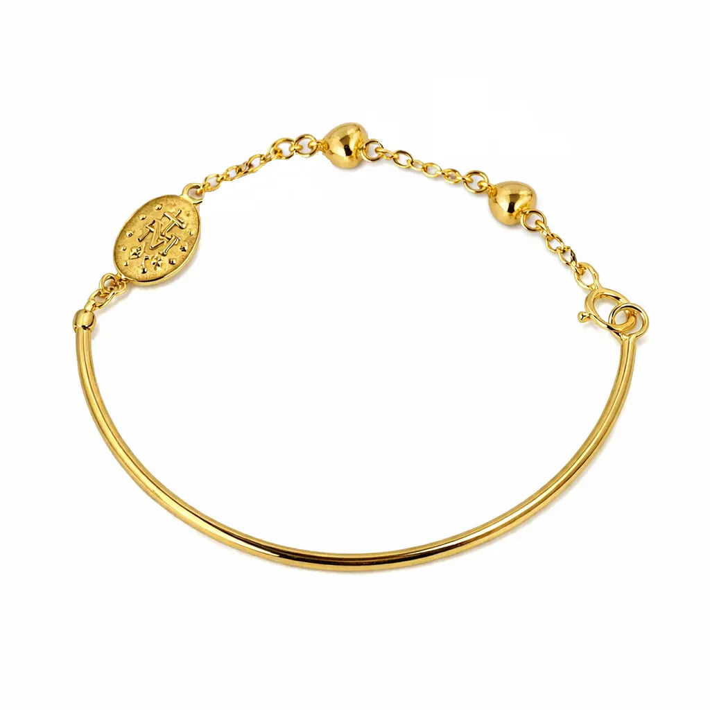 18k Yellow Gold Miraculous Medal and Hearts Half Bangle