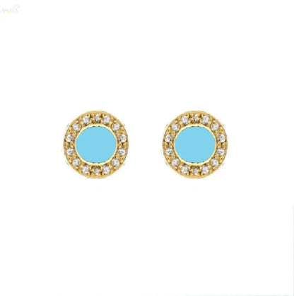18K Yellow Gold Turquoise and Diamonds Circle Stud Earrings