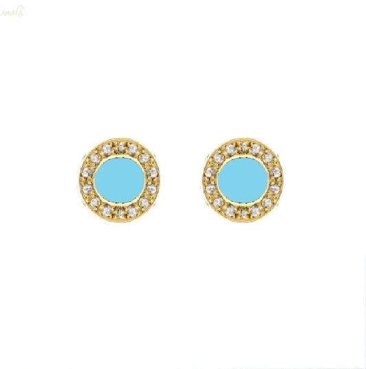 18K Yellow Gold Turquoise and Diamonds Circle Stud Earrings