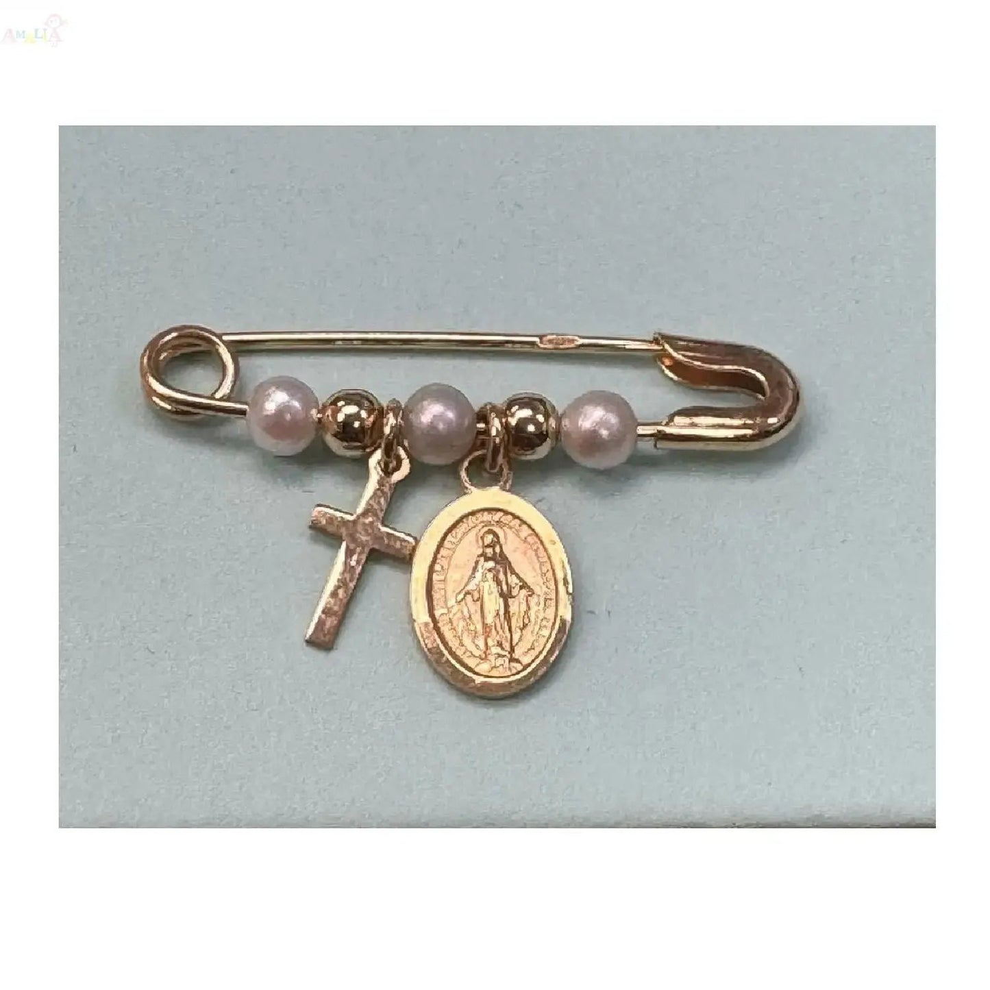 18k Solid Yellow Gold Miraculous Medal and Cross Safety Pin